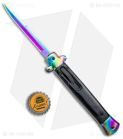 Mago 11" Italian Stiletto Bayonet OTF Auto Knife Black Acrylic (4.75" Rainbow) -CRKT Sales Store 11in Italian Stiletto OTF Auto Black Acrylic Rainbow Bolster Rainbow Bayo GX 38618 jr bottlecap