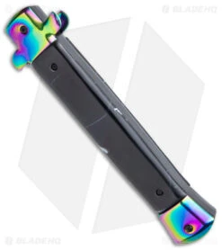 Mago 11" Italian Stiletto Bayonet OTF Auto Knife Black Acrylic (4.75" Rainbow) -CRKT Sales Store 11in Italian Stiletto OTF Auto Black Acrylic Rainbow Bolster Rainbow Bayo GX 38618 jr side
