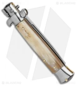 Frank B. 7.5" Italian Stiletto Automatic Knife Honey Horn (3.5" Polish Flat) -CRKT Sales Store 8 Italian Stiletto Honey Horn Automatic Knife Satin Flat Grind GX 35952 LS Side