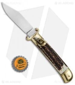 SKM 8" Lever Lock Italian Auto Stag Bone W/ Brass Bolster (3.2" Polish) -CRKT Sales Store Beltrame Knives LL Italian Auto Stag Brass BP 27022 jr bottlecap