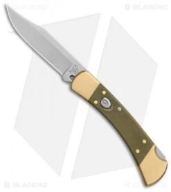 CRKT Sales Store 26 Buck Knives Buck 110 Automatic Knife OD Green Canvas Micarta/Brushed Brass (3.75" SW)