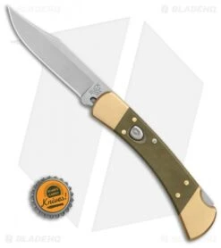 Buck Knives Buck 110 Automatic Knife OD Green Canvas Micarta/Brushed Brass (3.75" SW) 7 Buck Knives Buck 110 Automatic Knife OD Green Canvas Micarta/Brushed Brass (3.75" SW) -CRKT Sales Store Buck 110 Auto Brushed Micarta Brass BHQ 88783 er bottlecap