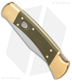 Buck Knives Buck 110 Automatic Knife OD Green Canvas Micarta/Brushed Brass (3.75" SW) 6 Buck Knives Buck 110 Automatic Knife OD Green Canvas Micarta/Brushed Brass (3.75" SW) -CRKT Sales Store Buck 110 Auto Brushed Micarta Brass BHQ 88783 er spine