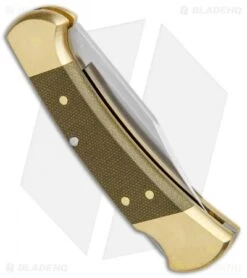 Buck Knives Buck 112 Exclusive Automatic Knife Green Micarta/Brass (3" Satin) -CRKT Sales Store Buck 112 Exclusive Auto OD Green Micarta Polished Brass Satin 0112GRSABHQ B BHQ 101545 jr side 1 2