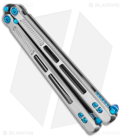 EOS Trident Balisong Butterfly Knife Satin Titanium W/ Blue (4.5" Black S30V) 3 EOS Trident Balisong Butterfly Knife Satin Titanium W/ Blue (4.5" Black S30V) - Image 3