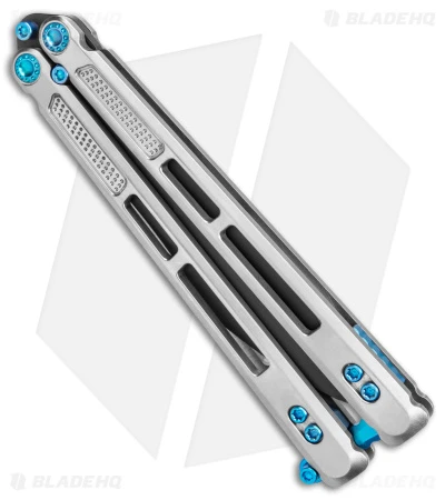 EOS Trident Balisong Butterfly Knife Satin Titanium W/ Blue (4.5" Black S30V) 2 EOS Trident Balisong Butterfly Knife Satin Titanium W/ Blue (4.5" Black S30V) - Image 2