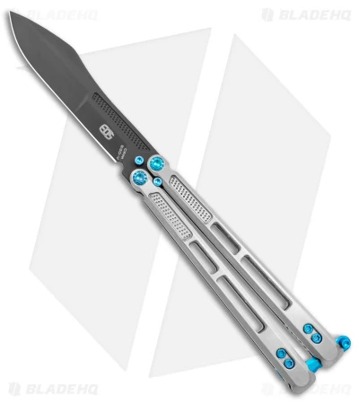EOS Trident Balisong Butterfly Knife Satin Titanium W/ Blue (4.5" Black S30V) 1 EOS Trident Balisong Butterfly Knife Satin Titanium W/ Blue (4.5" Black S30V)