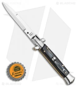 Frank B. 7.5" Italian Stiletto Automatic Knife Simulated Dark Horn (3.5" Bayo) -CRKT Sales Store Frank B 7.5 Italian Stiletto Automatic Knife Imitation Horn 3.25 Polish Bayo BHQ 118530 LS Bottlecap