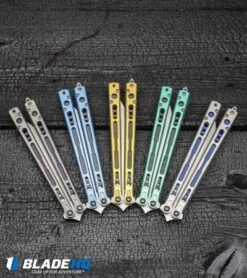 Hom Design Chimera Plus Balisong Knife Satin Ti/Blue G-10 (4.75 Two-Tone) 16 Hom Design Chimera Plus Balisong Knife Satin Ti/Blue G-10 (4.75 Two-Tone) -CRKT Sales Store Hom Design Chimera Premium Balisong Knife Gold Ti CF Satin BHQ 100558 kp burnt wood web