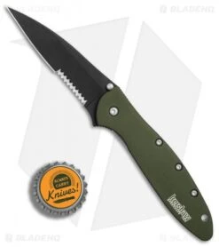Kershaw Leek Assisted Opening Knife OD Green (3" Black Serr) 1660OLBLKST -CRKT Sales Store Kershaw Leek OD Green black serr BHQ 77342 er bottlecap 2