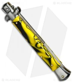 SKM AB 11" Italian Stiletto Automatic Knife Killer Bee (5" Satin Bayonet) -CRKT Sales Store SKM Stiletto 11in Yellow Swirl Bayo BP 2960 jr side