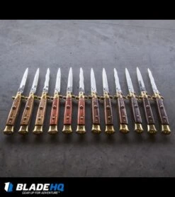 SKM AB 9" Italian Stiletto Automatic Knife Brass/Olive Wood (3.8" Satin Kriss) -CRKT Sales Store skm ab wood stiletto variety concrete dl